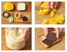 Chocolate on toast with mango yoghurt being made