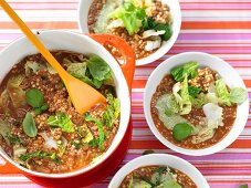 Savoy cabbage and barley stew with minced meat and coffee cream