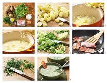 Potato and frisee lettuce soup with crispy bacon being made