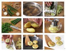 Potato and courgettes cakes with herb quark being made