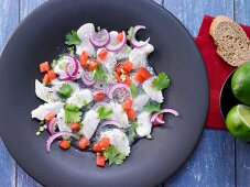 Ceviche vom weißen Fisch mit roten Zwiebeln & Tomatenwürfeln