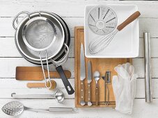 Utensils for making guinea fowl breast with truffled vegetables