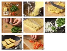 Polenta slices on a bean and tomato medley being made