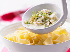 Fennel sauce with capers and sardines served with pasta
