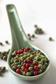 Green and red peppercorns on a ceramic spoon