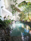 Halbunterirdischer, ökologischer Kuppelbau, Pool mit Palmen in offenem Wohnraum