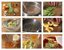 Rice salad with beans and nectarines being made