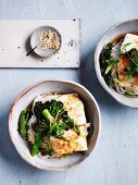 Roast fish with soy, noodles and broccolini