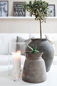 Plants in grey clay pots and glass candle lanterns