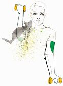 An illustration of a woman with dumbbells and a cat representing muscle pain