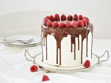 A cake with white chocolate and raspberries