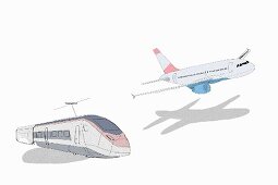 An illustration of a train and an aeroplane