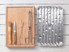 Utensils for sausage & mushroom kebabs