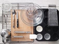 Kitchen utensils for preparing carrot and almond muffins