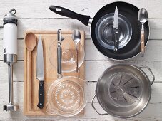 Kitchen utensils for preparing carrot and orange soup