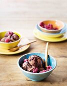 Chocolate & coffee ice cream with raspberries