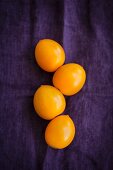 Four yellow tomatoes on a violet cloth