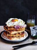 Polenta & cheese waffles with ham and fried eg