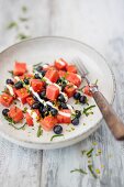 Watermelon salad with blueberries and silk tofu