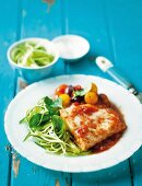 Fischfilet mit Tomaten-Oliven-Sauce und Zucchinispaghetti