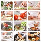 How to prepare prawn and vegetable stew with two different types of tomato