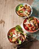 Penne with rocket, tomato and tapenade