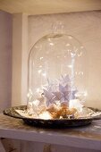 Paper stars and fairy lights under glass cover on vintage plate
