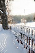 Verschneiter Lattenzaun mit Blick auf Winterlandschaft
