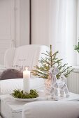 Candle and moss on plate and small fir tree in plant pot