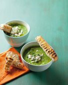Cold pea soup with feta, mint and toasted bread