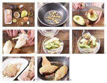 How to prepare chicken with a sesame seed coating on a bed of pear & avocado salad
