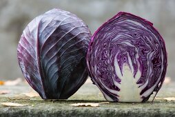 A red cabbage sliced in half