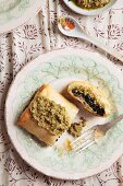 A filo pastry parcel filled with black chanterelle mushrooms and pesto