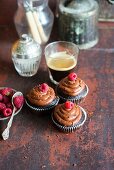 Rich moist chocolate cupcakes with chocolate icing and fresh raspberries