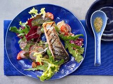 Gegrillter Lachs mit Salat und Senf-Honig-Dressing