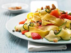 Red pepper and courgette pasta with chilli crumbs