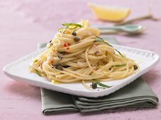 Spicy caper spaghetti with lemon and chilli