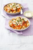 Pasta with lentils, courgette, carrot and feta