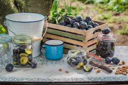 Fresh and preserved plums in glass jars on a garden table