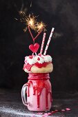 A Valentine's freak shake with a mini doughnut, heart-shaped lollipop and sparklers