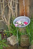 Water pouring into bowl of floating flowers