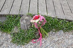 Bouquet of sweet Williams, roses, asters and hydrangeas