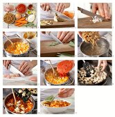 Pasta with chicken filet, tomatoes, carrot and sage being made