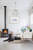 Dog in front of fire in black log-burning stove in comfortable lounge area
