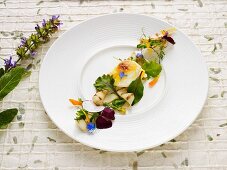 Grilled asparagus with a gratinated chicken egg and spring flowers