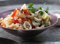 Risotto with fried calamari and pepper