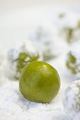 Balls of raw biscuit dough with matcha and white chocolate on a bed of icing sugar