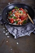 Spaghetti with tomato sauce and minced salsiccia balls