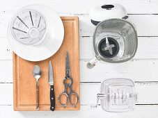 Kitchen utensils for preparing a soy drink with cress and cucumber