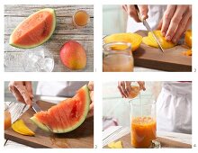 Making a guava mango drink with melon